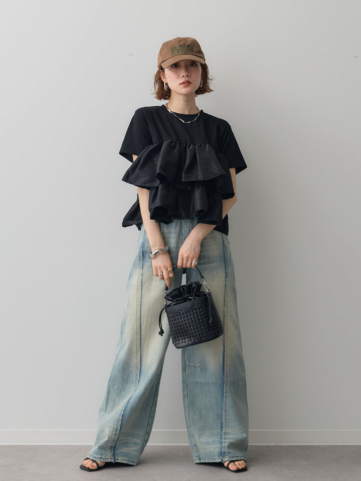 【着回しセット】フリルティアードTEE+クレープデシンタックワイドパンツ+縦ウォッシュワイドデニムパンツ(3set)