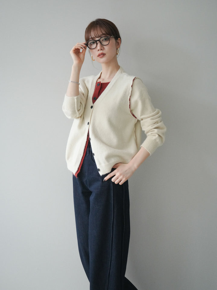 [SET]配色レイヤードニットカーディガン+選べるアクセセット(2set)