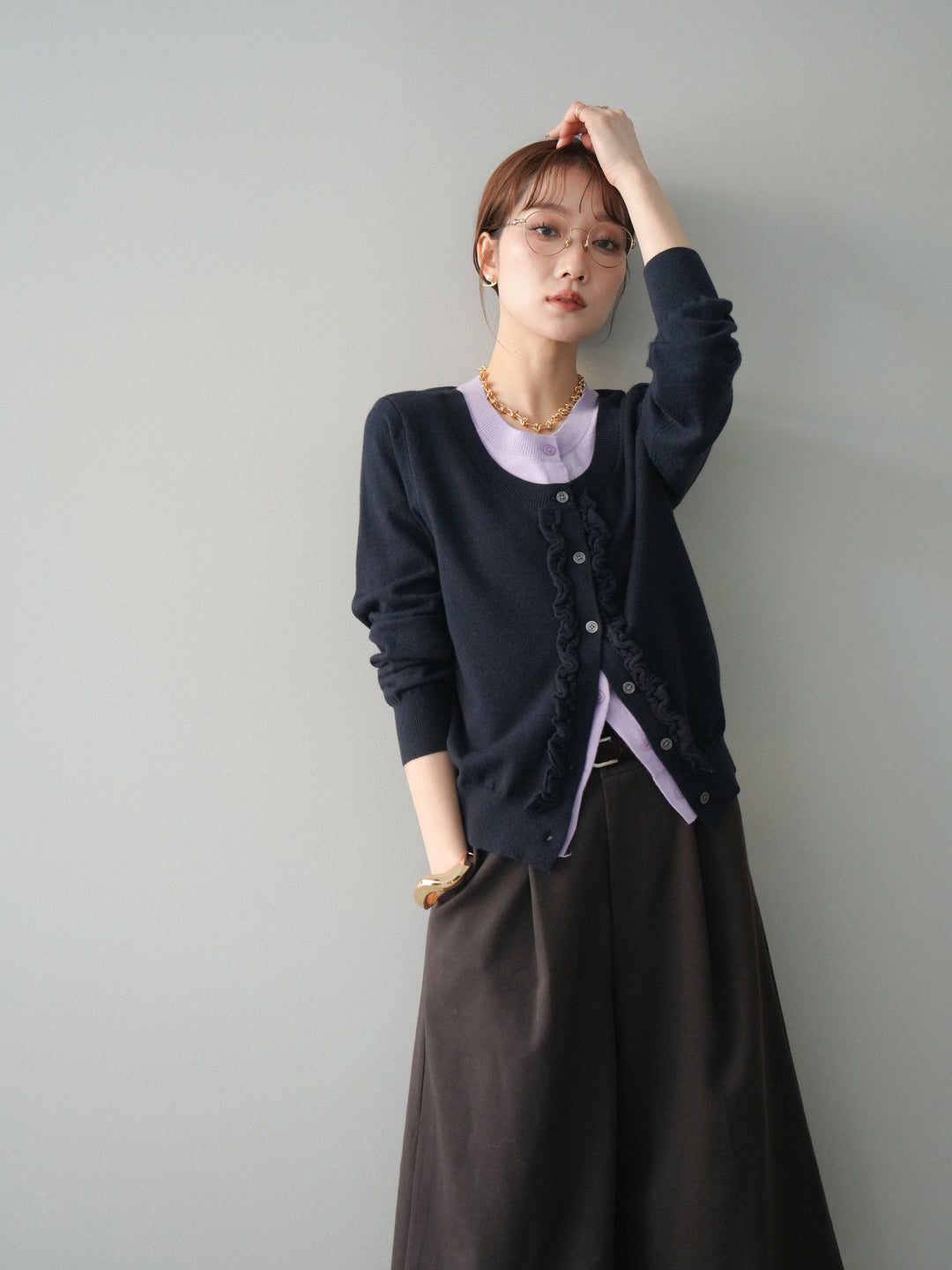 [予約]配色レイヤードフリルデザインニットカーディガン/black