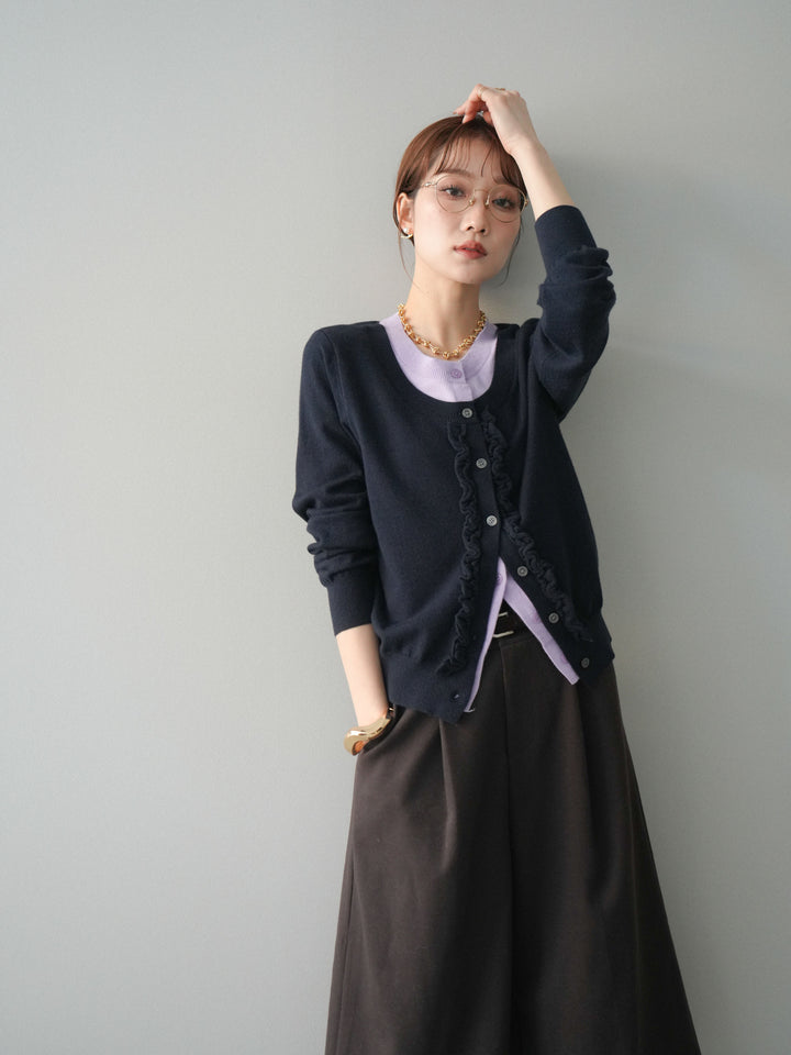 [予約]配色レイヤードフリルデザインニットカーディガン/black