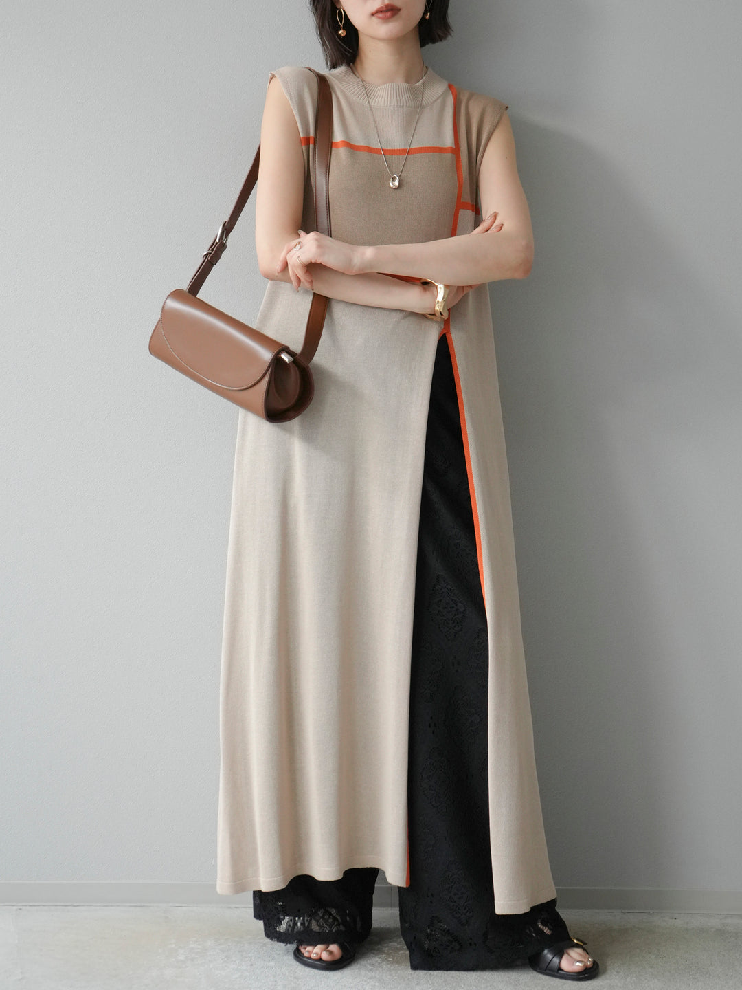 [予約]配色スリットニットワンピース/ベージュ