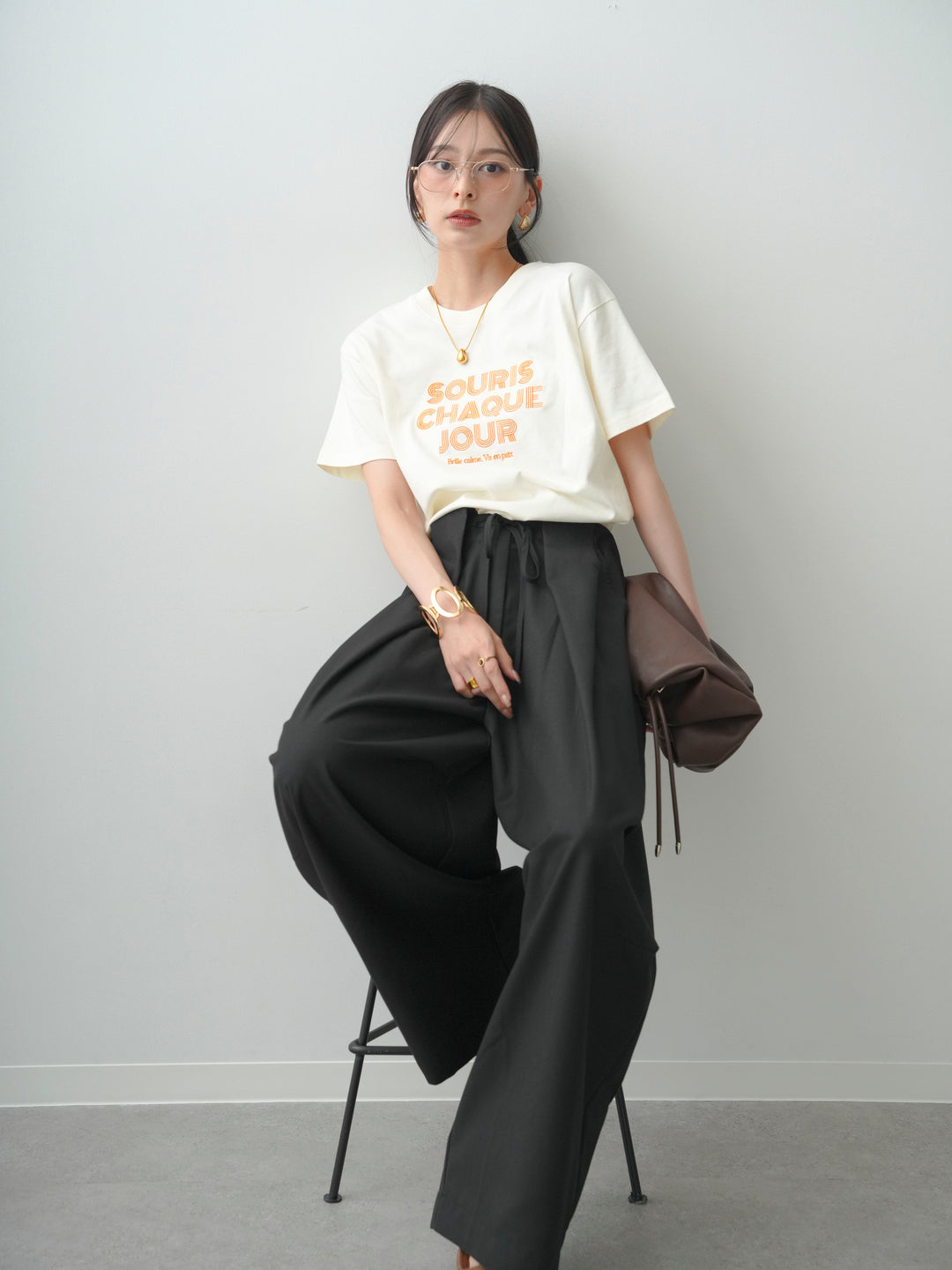 【套裝】Logo刺繡T卹+皮帶環彎腰闊腿褲（兩件套）