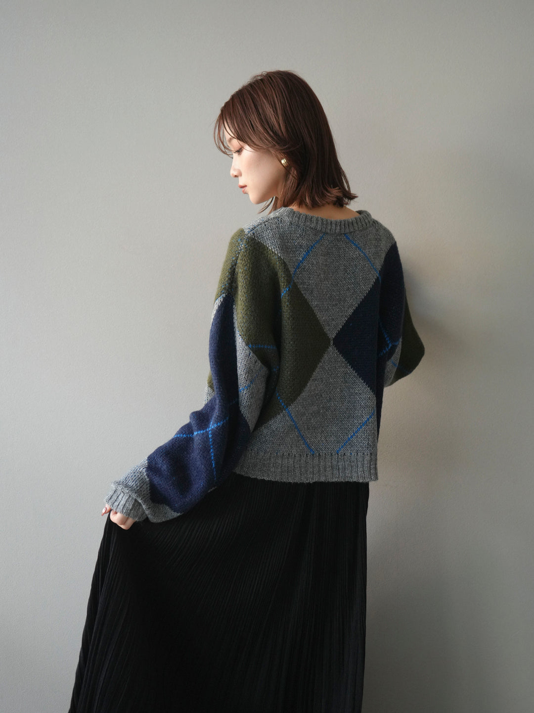 [予約]配色ステッチアーガイル柄ニットプルオーバー/gray