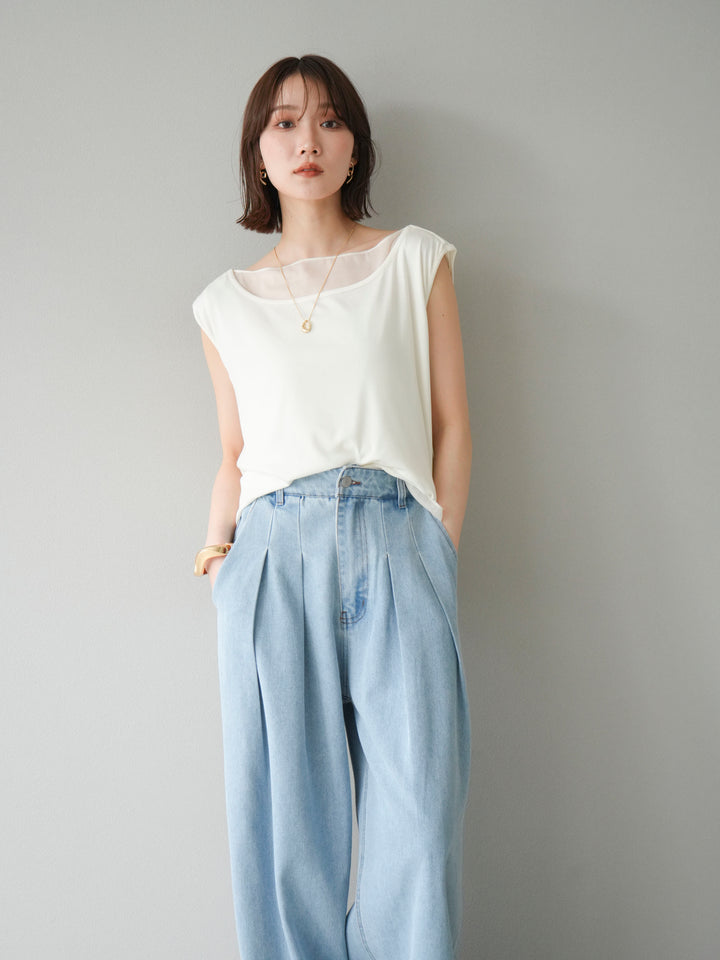 [預訂] 雙向透視多層垂墜上衣/象牙色