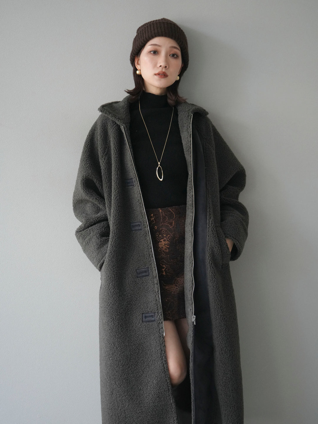 [予約]ボアxムートンロングコート/charcoal