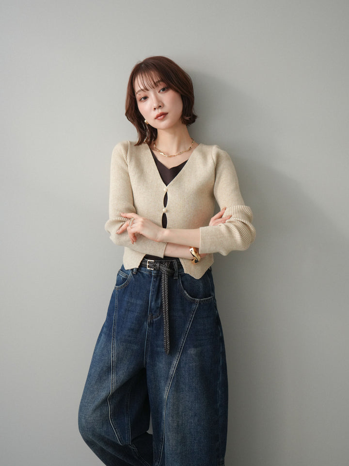 [予約]Vネック配色レイヤードスリットニットトップス/beige