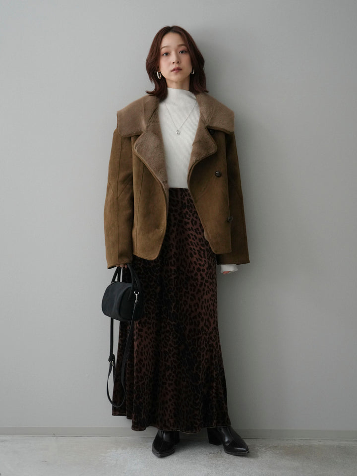 [SET]ムートンショートジャケット+袖ボタンボトルネックリブニットトップス(2set)