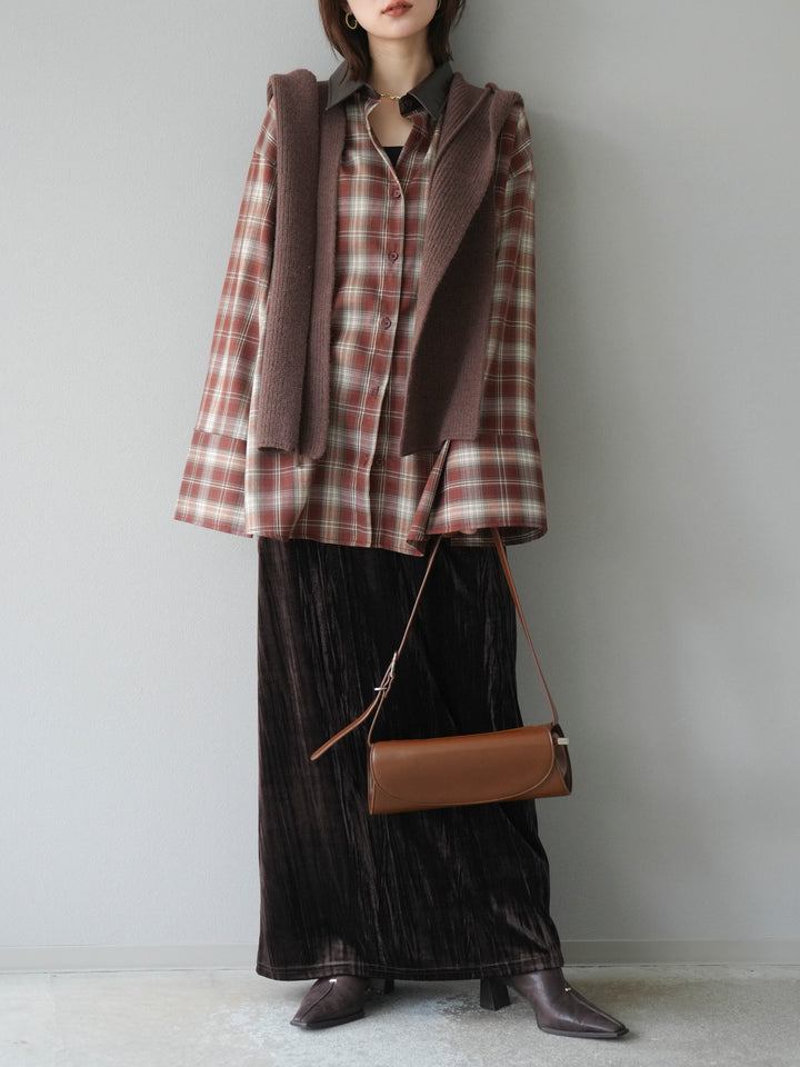 [SET]レザー襟オンブレチェックオーバーシャツ +ループデザインホックベスト +クラッシュベロアナロースカート(3set)