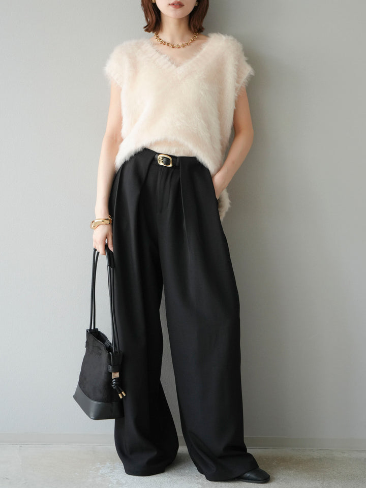 [SET]ラメシャギーVネックニットベスト+ベルトループデザインワイドパンツ(2set)