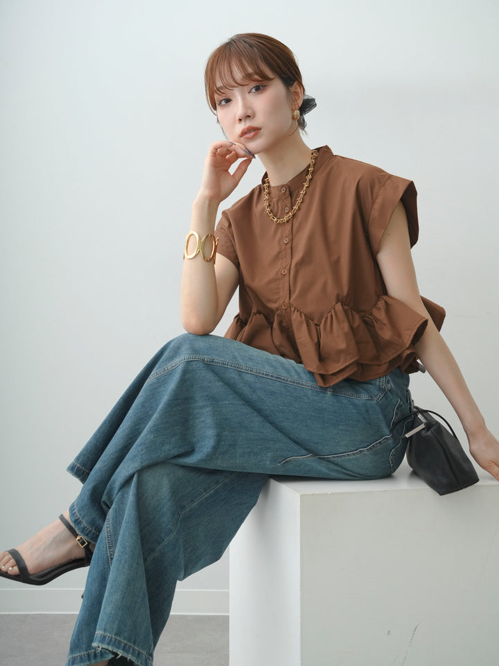 [予約]ブロードフレンチフリルヘムブラウス/brown