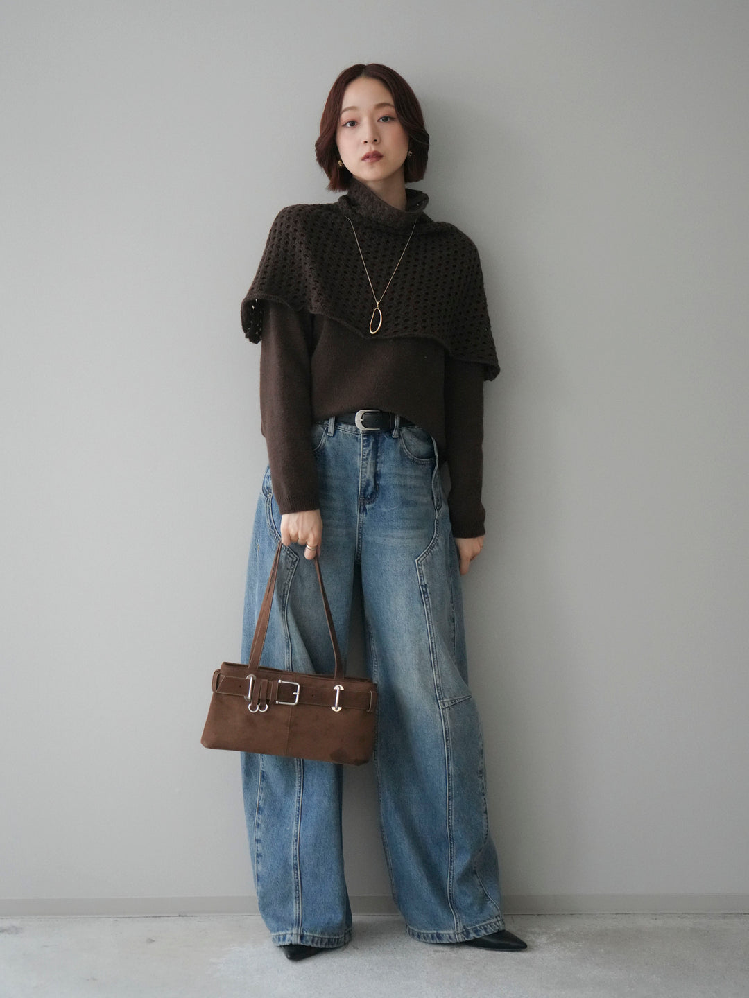 [予約]メッシュケープアンサンブルニットプルオーバー/brown