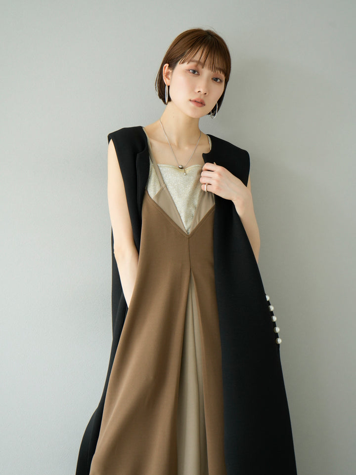 [Pre-order] Bicolor Layered Design Cami Dress/Mocha