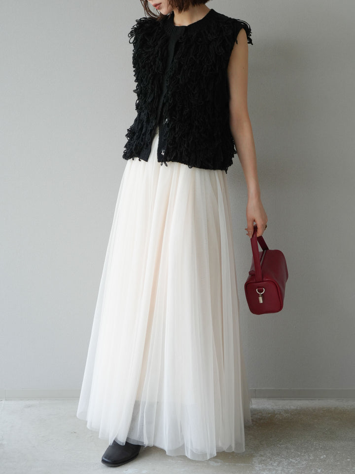 [SET] 前開衩針織背心 + 薄紗蓬鬆裙 (2 件套)