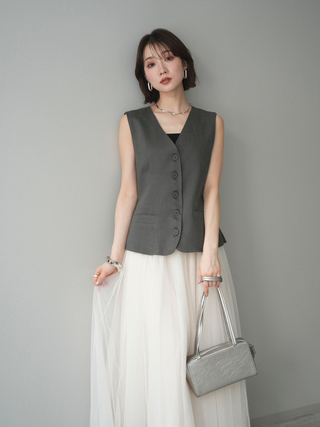 [予約]リネンタッチVネックジレ/khaki