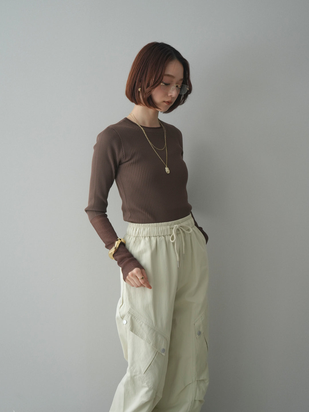 [予約]リブラメシアー切替リブニットトップス/brown