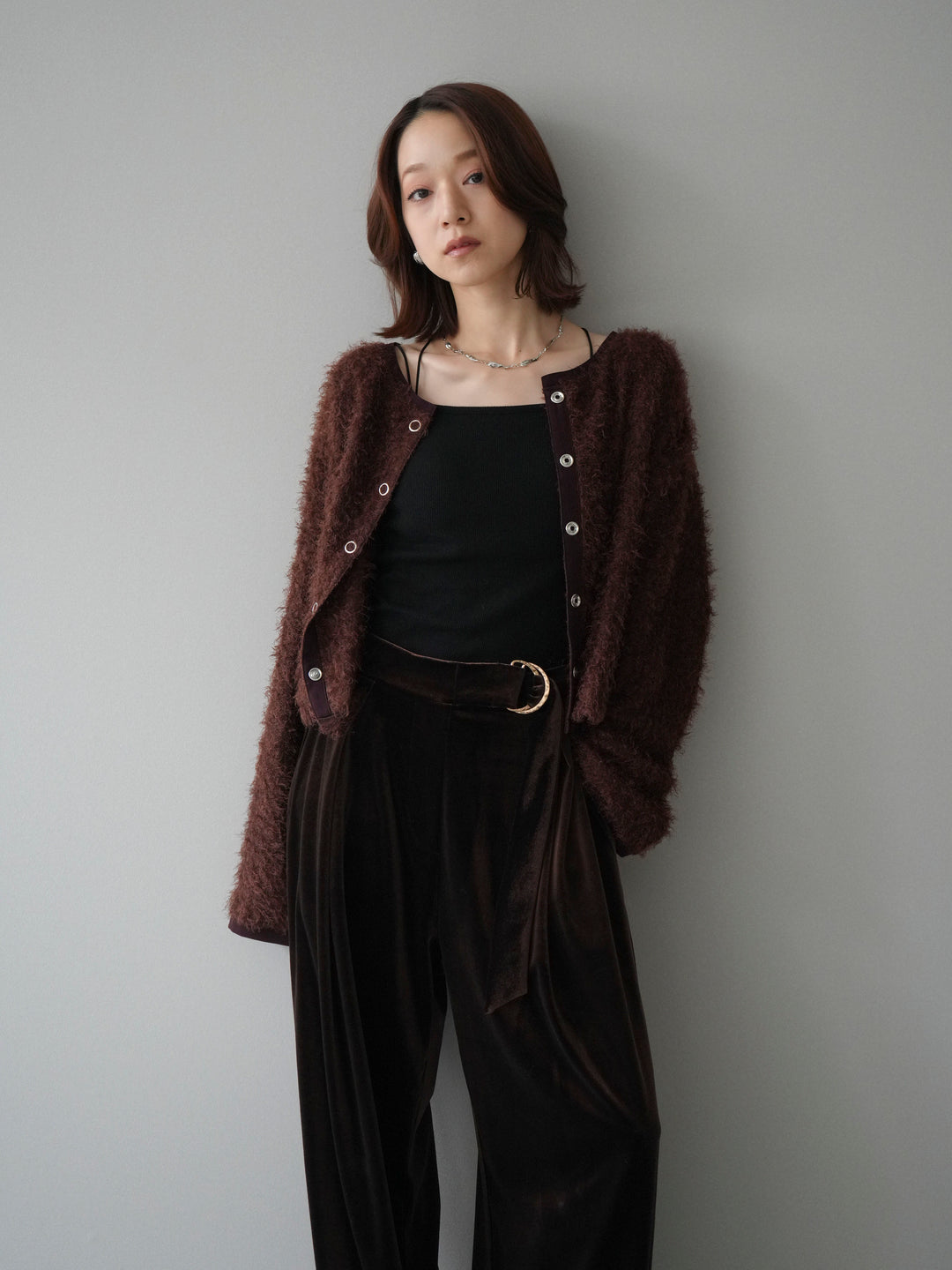 [予約]バイカラー2WAYシャギーニットカーディガン/brown