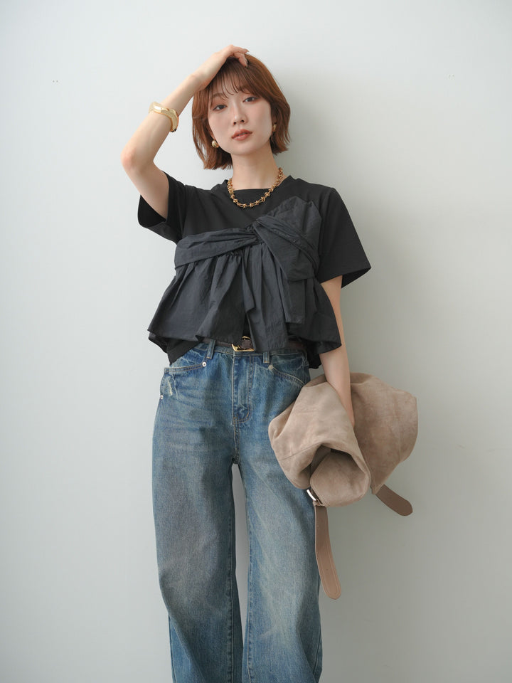【着回しセット】[SET]ナイロンドッキングツイストTEE +クレープデシンフラップ付きストレートスカート+ストーンウォッシュルーズフィットデニム(3set)