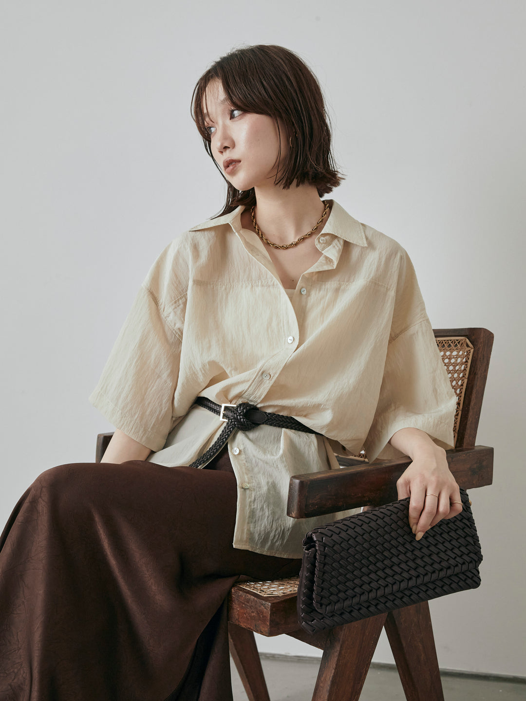 [予約]サテンワッシャーナロースカート/ブラウン