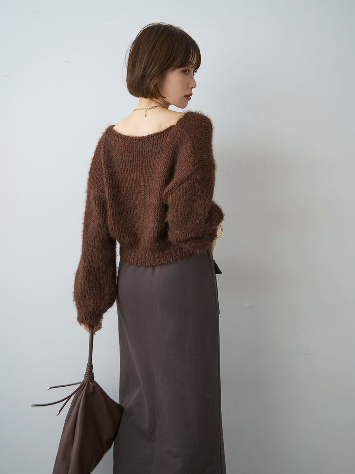 [SET]Vネックシャギークロップニットトップス+フロントZIPポケットデザインスウェットスカート(2set)