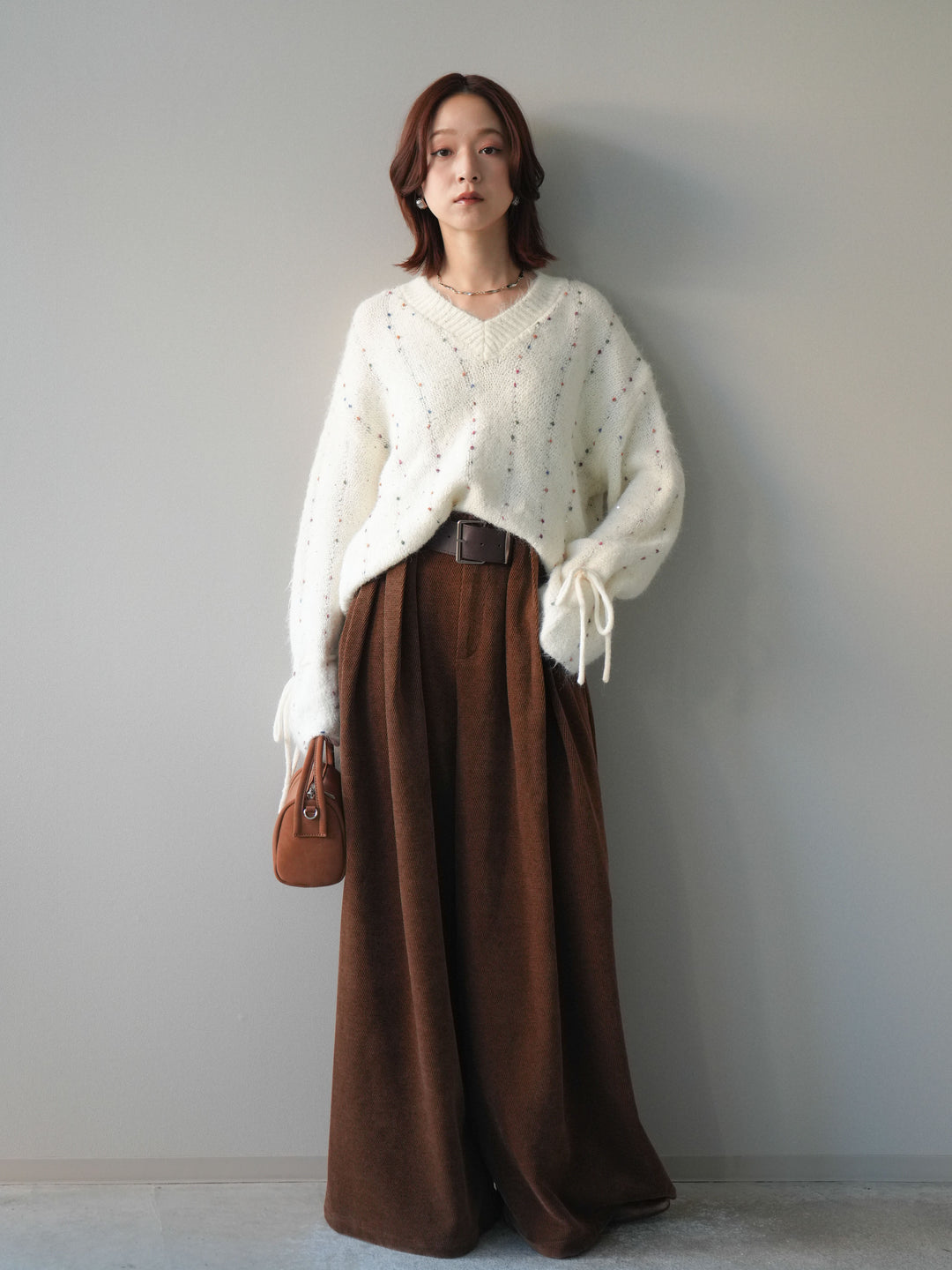 [SET]キャンディースリーブカラーネップスパンコールニットプルオーバー+ベルトデザインループコールテンワイドパンツ(ベルト付き)(2set)