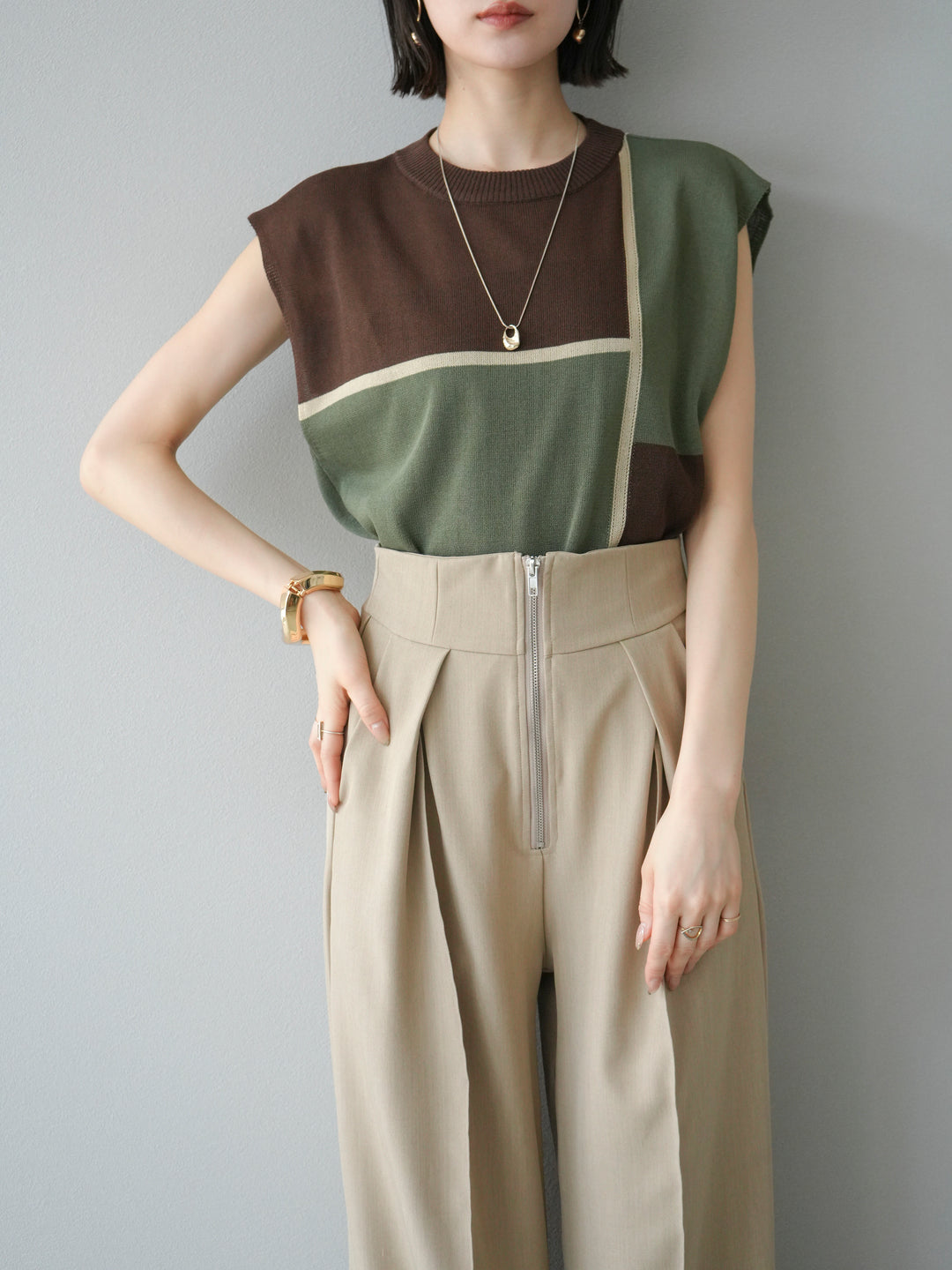 [予約]配色ノースリーブニットプルオーバー/ブラウン