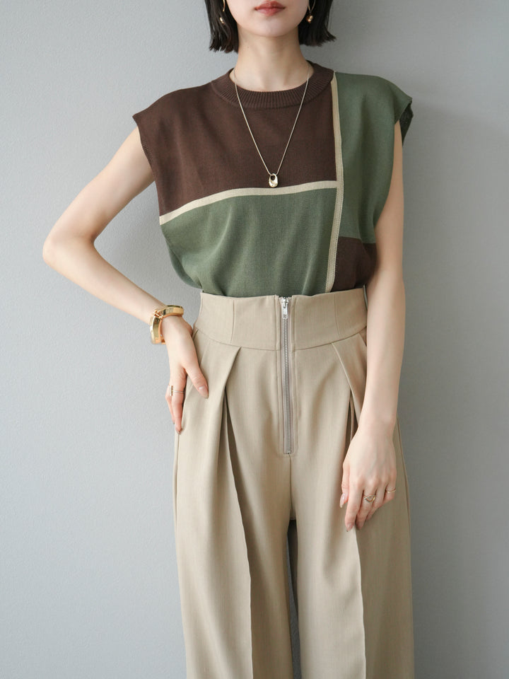 [予約]配色ノースリーブニットプルオーバー/ブラウン