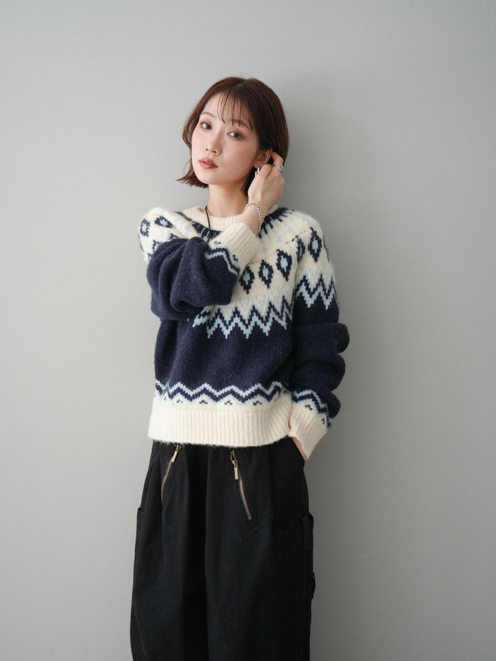 [予約]ノルディック柄ニットプルオーバー/navy