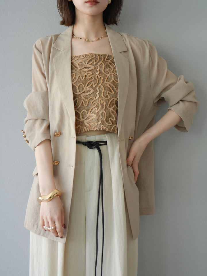 [SET] 金色扣環透視外套 + 滾邊花朵透視天鵝絨吊帶背心 + 繩紋腰帶麻感寬褲 (3 件套)