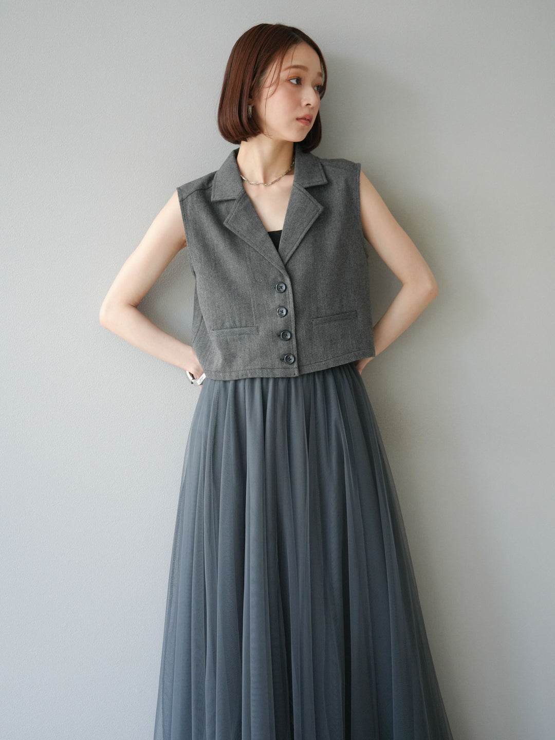 [予約]ツイードタッチテーラードジレ/ダークグレー