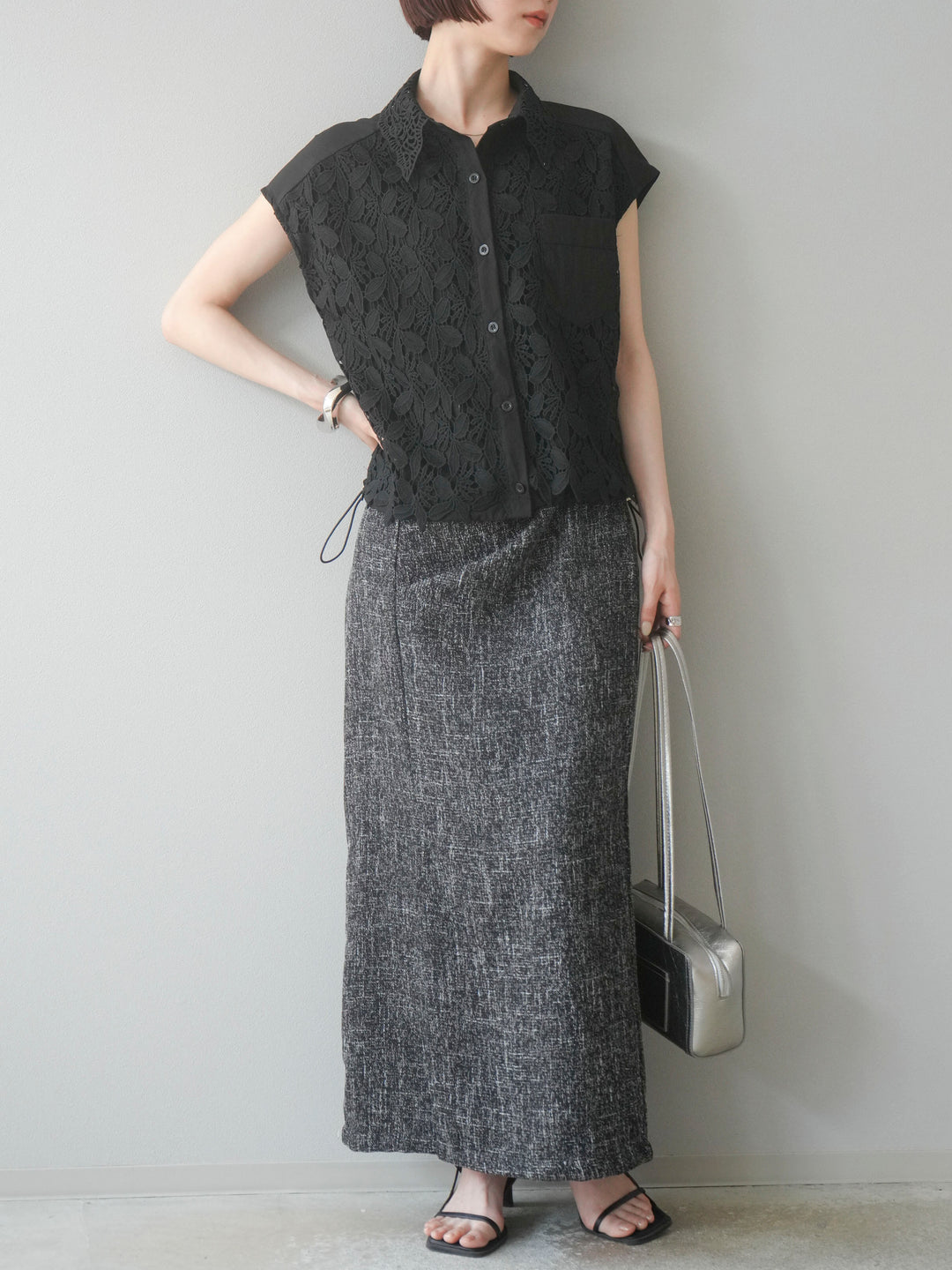[予約]サマーツイードタックサイドスリットスカート/ブラックホワイト