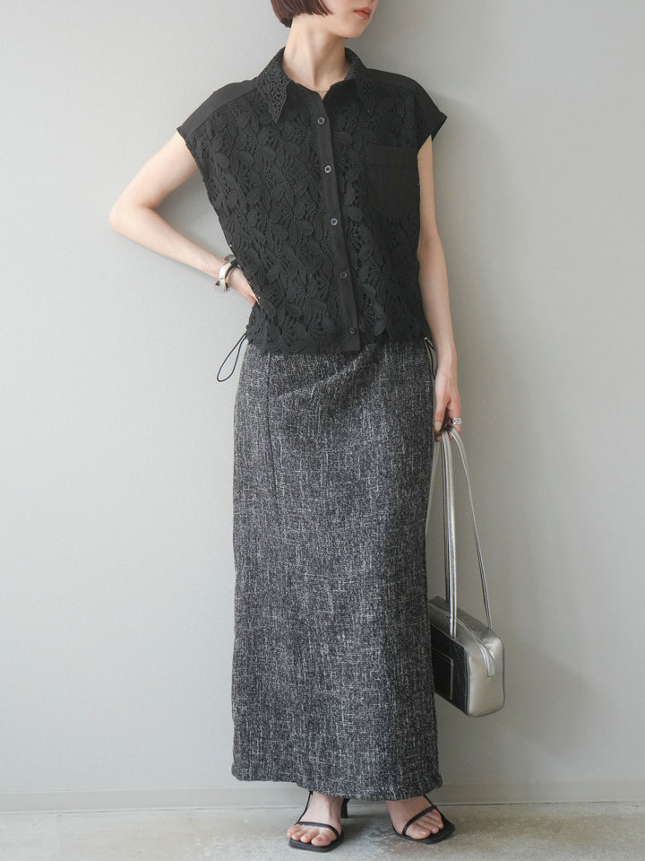 [予約]サマーツイードタックサイドスリットスカート/ブラックホワイト
