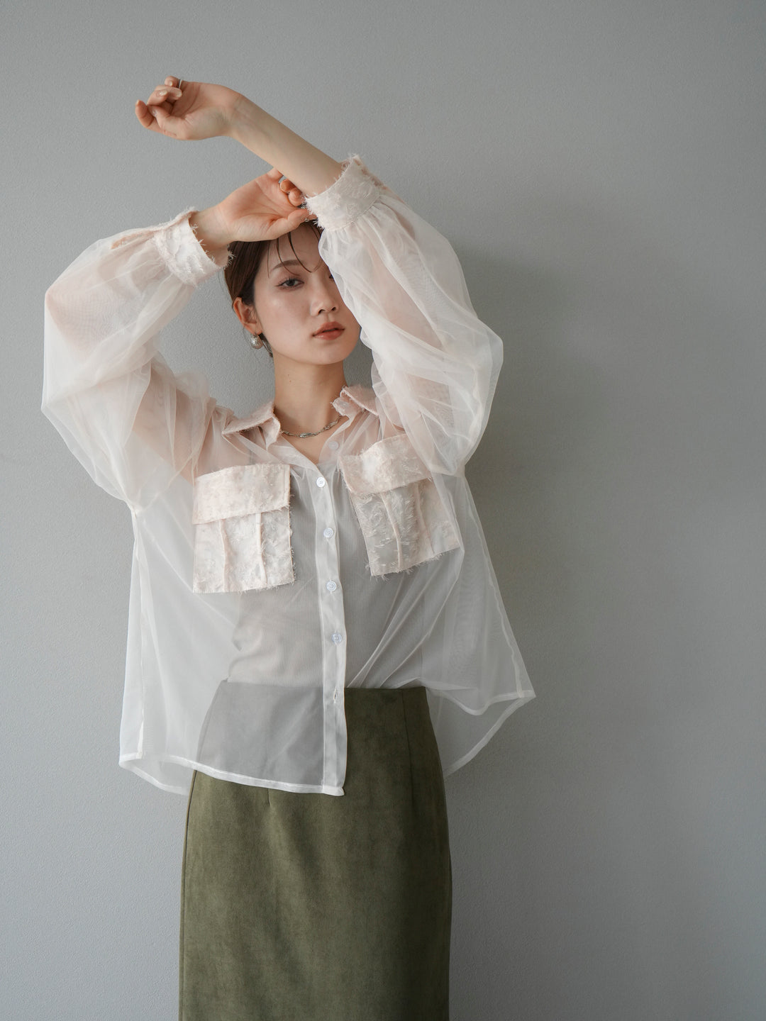 [予約]フリンジジャガード×チュールレイヤードシャツ/アイボリー