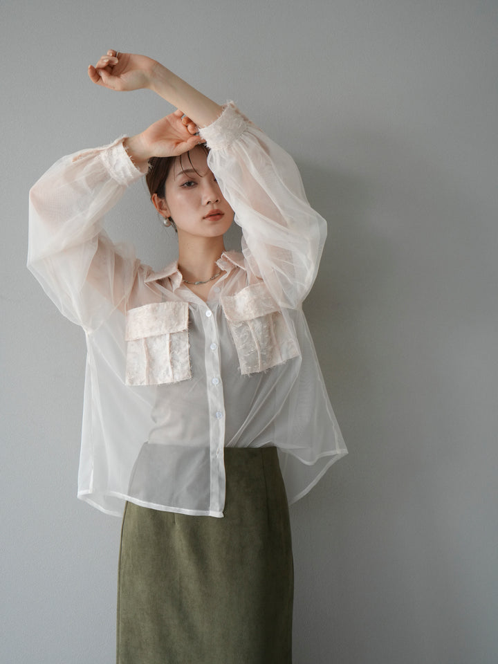 [予約]フリンジジャガード×チュールレイヤードシャツ/アイボリー