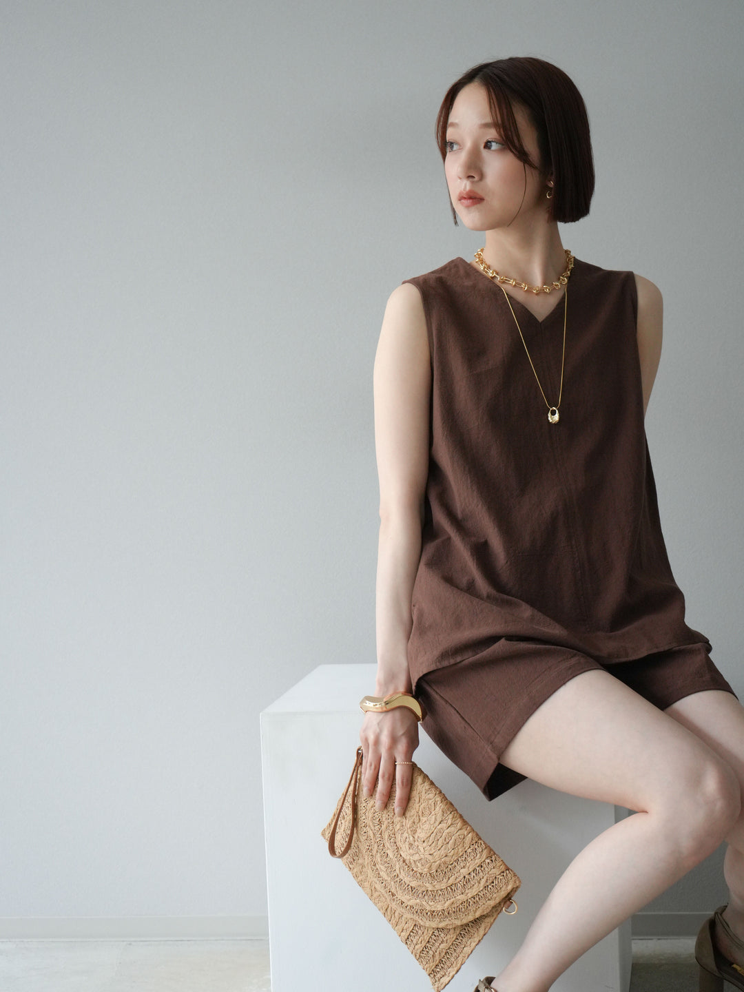 [套裝] 亞麻V領襯衫和短褲套裝 + 可選配件套裝（2 套）