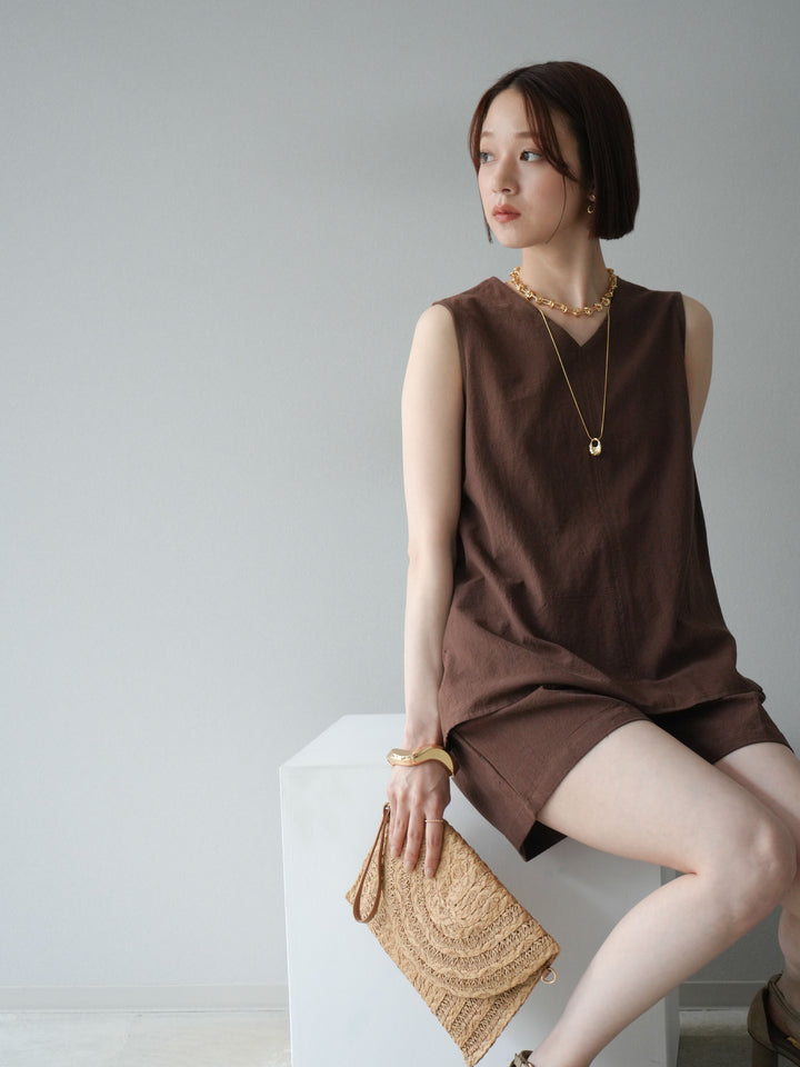 [套裝] 亞麻V領襯衫和短褲套裝 + 可選配件套裝（2 套）