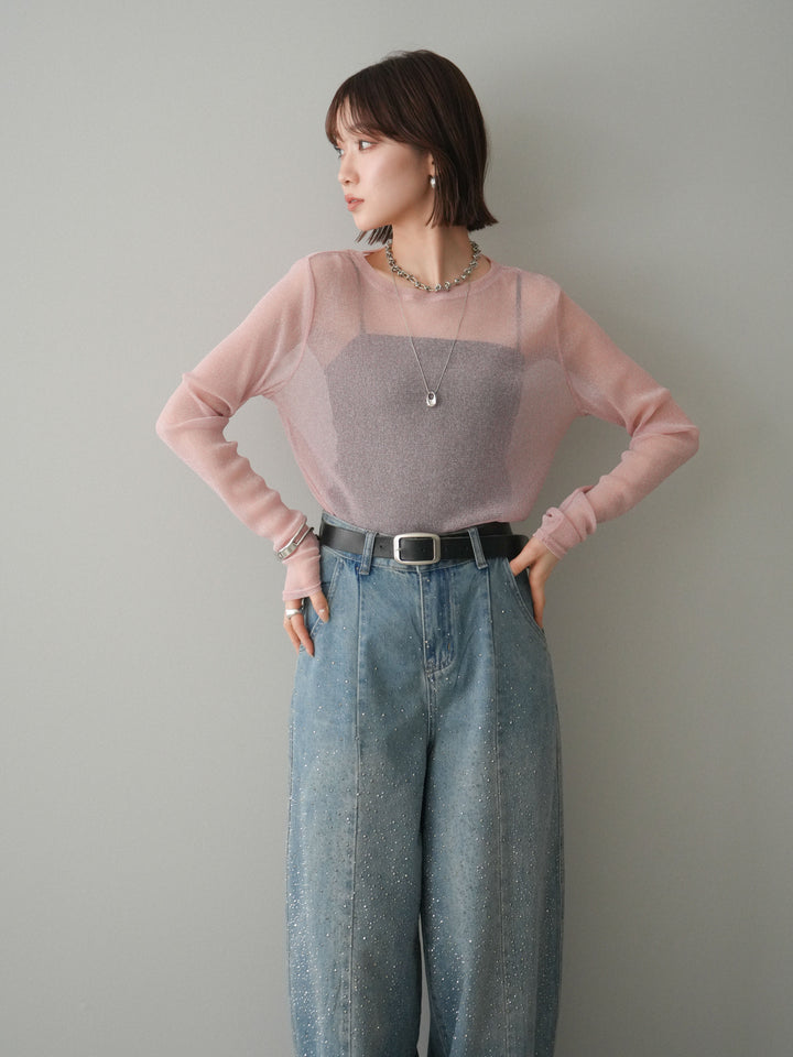 [予約]ラメシアークルーネックトップス/pink