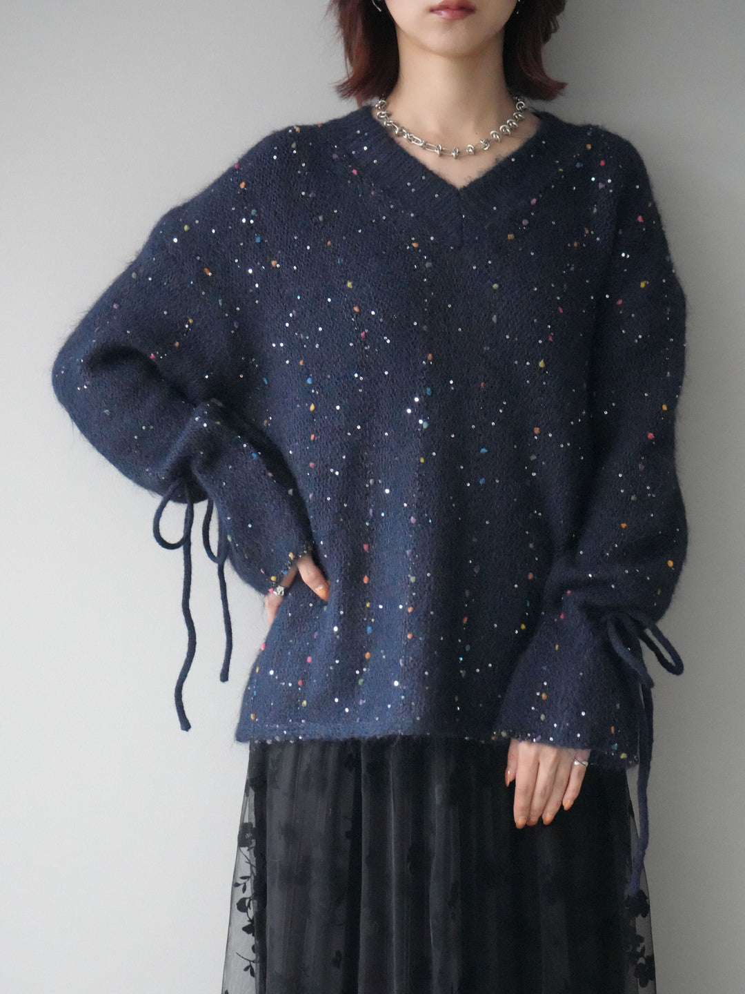 [SET]キャンディースリーブカラーネップスパンコールニットプルオーバー+フラワーフロッキーチュールプリーツスカート(2set)