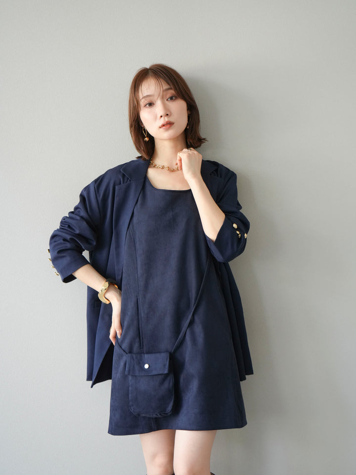 [SET]ゴールドボタンツイルダブルテーラードジャケット+ショルダーポーチ付スウェードミニワンピース(2set)