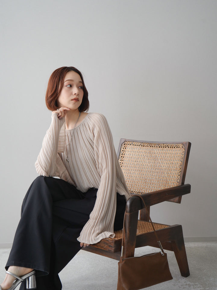 [SET]プリーツシアーフレアスリーブニットトップス+ベルト付キーホルダーモチーフワイドパンツ(2set)