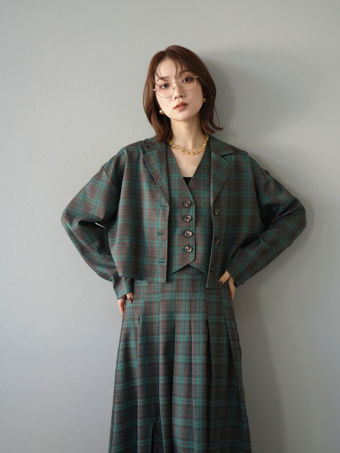 [SET]チェック柄ショートジャケット+チェック柄ベスト+チェック柄タックフレアスカート(3set)