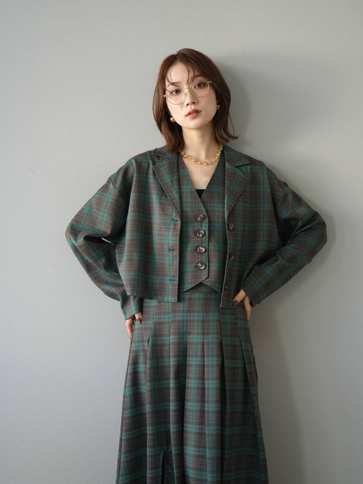 [SET]チェック柄ショートジャケット+チェック柄ベスト+チェック柄タックフレアスカート(3set)