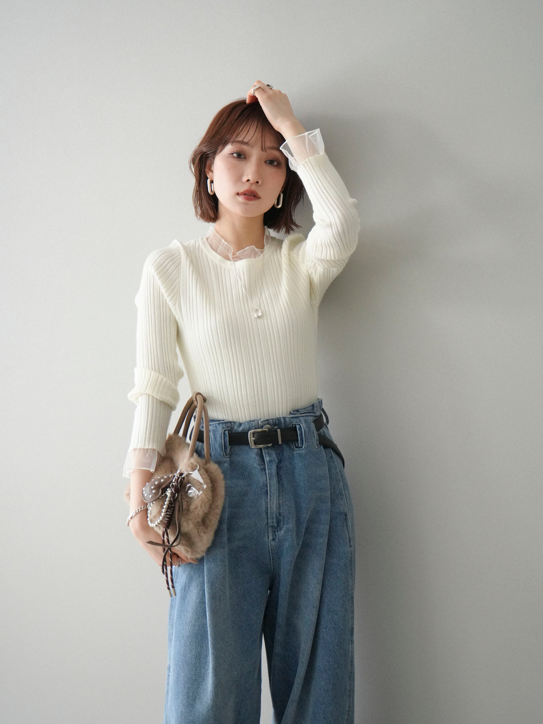 [SET]チュールドッキングリブニットトップス+選べるアクセセット(2set)