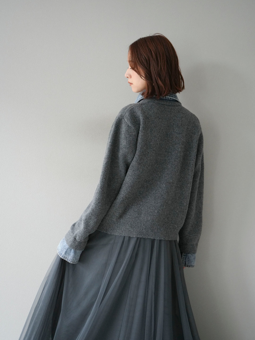 [予約]デニム襟ボタンニットカーディガン/チャコール