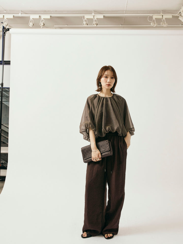 【Allure】[SET]オーガンジーバルーンショートブラウス+シャイニースラブシアーワイドパンツ(2set)