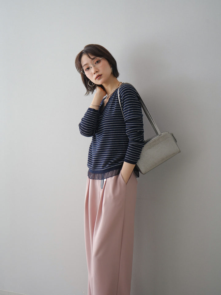 [SET]チュールレイヤードデザインボーダーニットトップス+選べるアクセセット(2set)