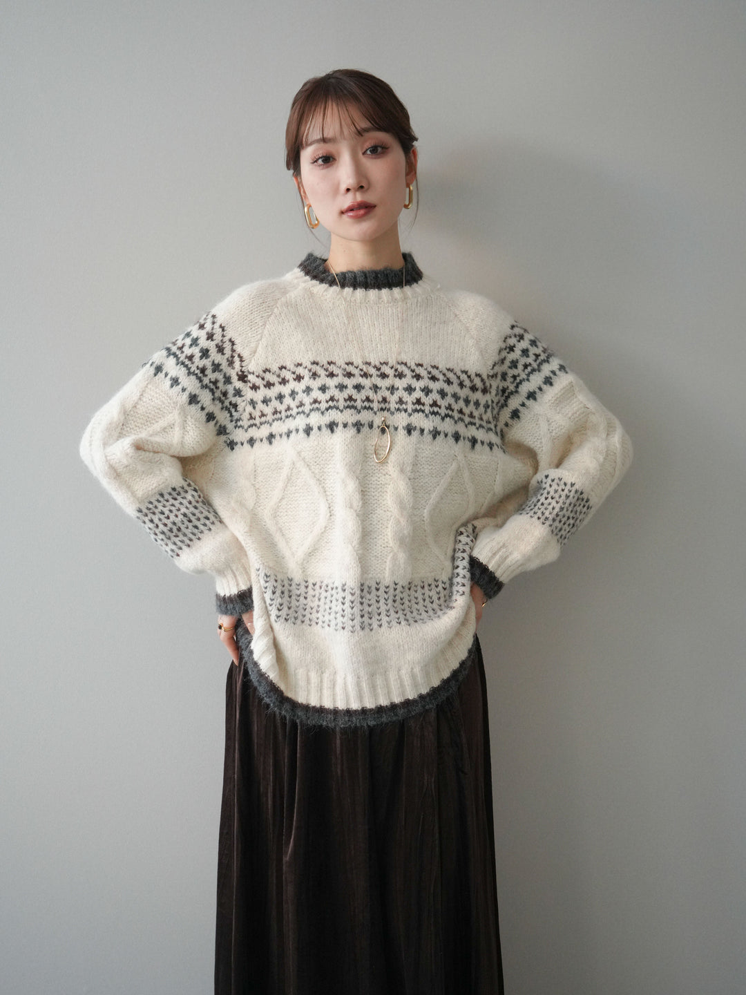 [予約]裾配色ノルディック柄ニットプルオーバー/White