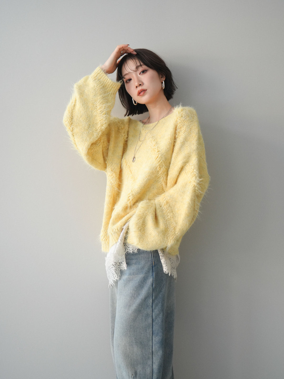 [予約]シャギーデザインニットプルオーバー/yellow