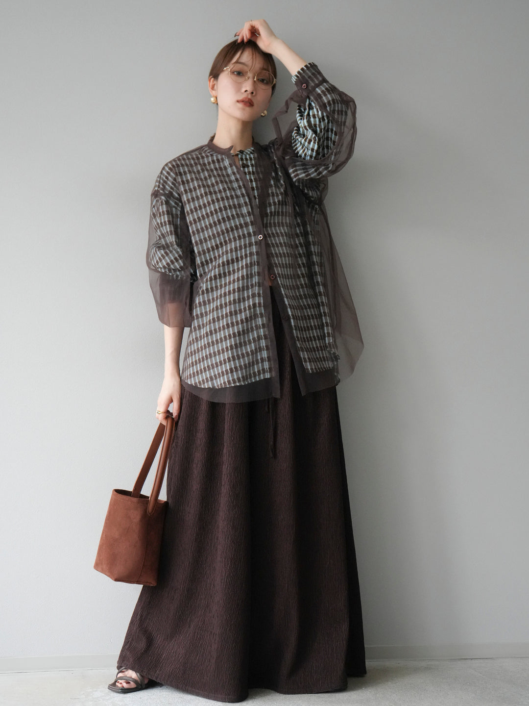 [予約]2WAYスリーブチュールシャツ/ブラウン