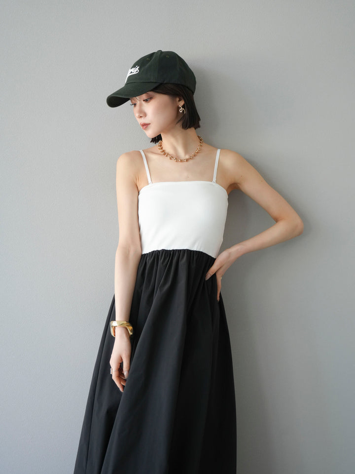 [予約]異素材ドッキングカップ付ベアキャミバルーンワンピース/オフブラック