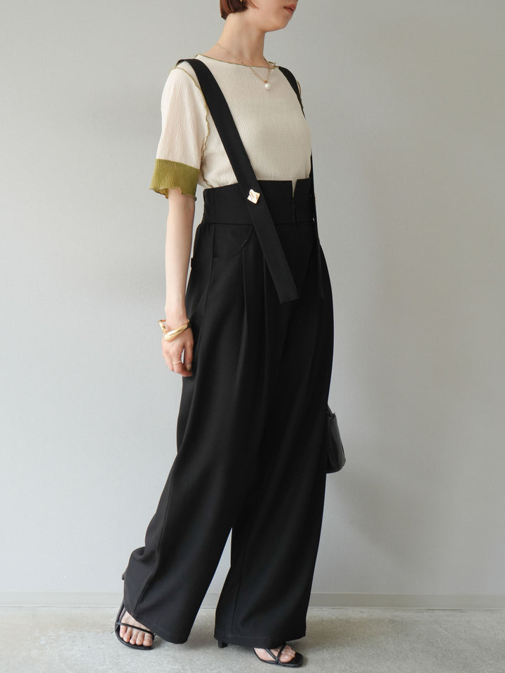 [SET]プリーツ配色ボートネックプルオーバー+ゴールドボタンサスペンダーワイドパンツ(2set)